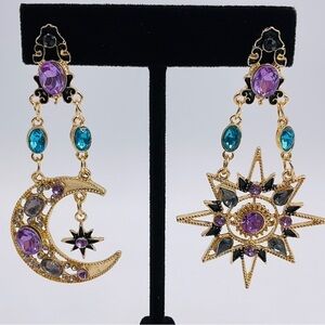 Moon Star Sun Earrings Jewelry Rhinestone Gold Tone Dangle Festival Prom Formal